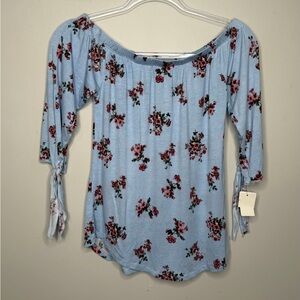 Ultra Flirt Light Blue Floral Off-Shoulder Tie-Sleeve Top